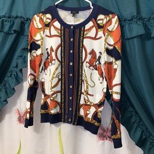 Talbots Navy White Orange Equestrian Print Cardigan